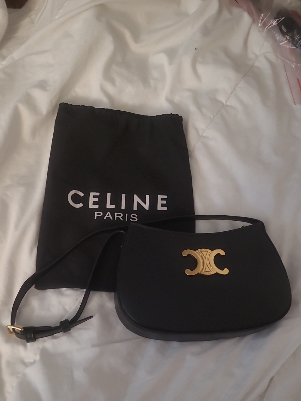 Celine Black Shoulder Bag with Gold Triomphe Accent